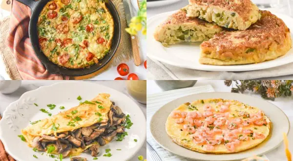 Cuatro tortillas originales para cenar: con tomate y hierbas, de patatas, de champiñones y de gambas.