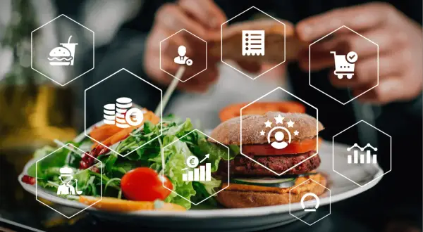 Plato de hamburguesa y ensalada con iconos que representan el **food service**: pedido, pago, cliente, gráfico y más.