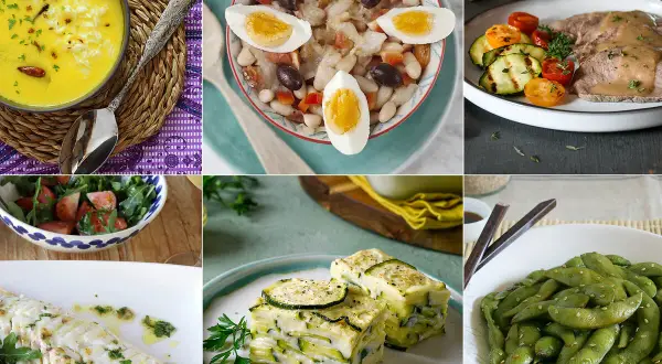 Platos saludables y variados, ideales para un coach de nutrición. Sopa de arroz, ensalada de legumbres, carne con verduras, pescado, lasaña de calabacín y edamame.