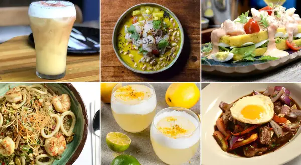 Un festín de la gastronomía de Perú: ceviche, causa, lomo saltado, arroz con mariscos y pisco sour.