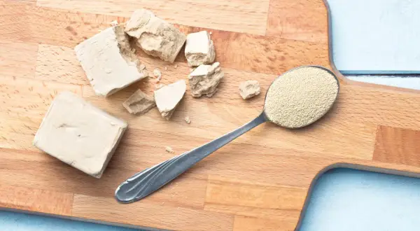 Bloques de levadura fresca y una cuchara con levadura seca granulada sobre una tabla de cortar. Se puede congelar la levadura fresca para conservarla.