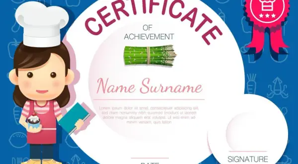 Certificado de cocina para un joven chef, con un cupcake y espárragos. ¡Un logro culinario!