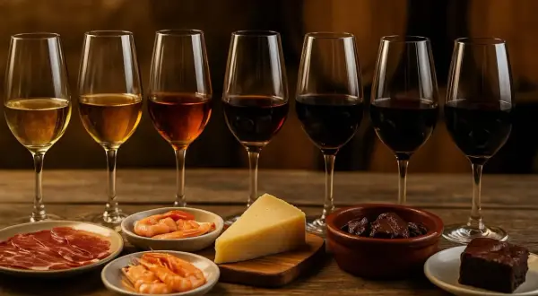 Degustación de vinos de pasto con jamón, gambas, queso y postre.