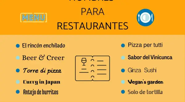 Lista de nombres de restaurantes famosos: El rincón enchilado, Torre di pizza, Curry in Japan, Antojo de burritos, Pizza per tutti, Sabor del Vinicunca, Ginza Sushi, Vegan's garden, Solo de tortilla.