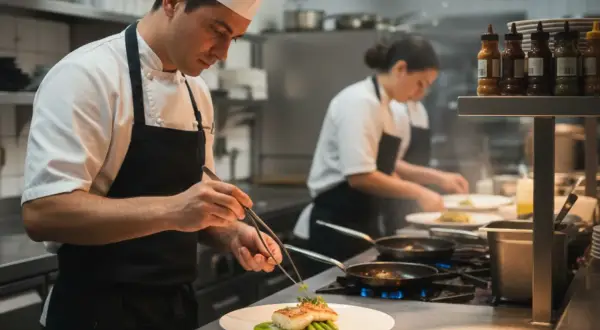 Chef emplatando un plato gourmet, parte del ciclo de cocina. Otro cocinero trabaja al fondo.