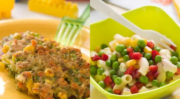 Tortitas de verduras y ensalada de pasta con guisantes y maíz, ideas de recetas con verduras para niños.