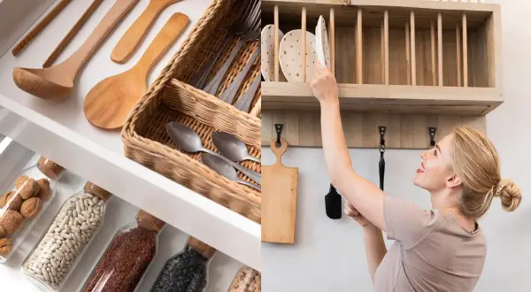 Organización en el departamento de cocina: cajón con utensilios de madera y cestas, y estante de madera con platos y una mujer.