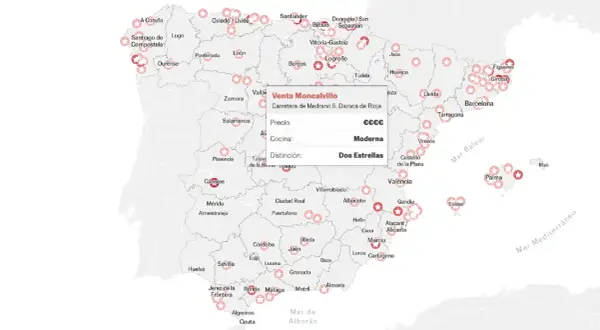 Mapa de España con estrellas Michelin y un cuadro de diálogo de restaurante.