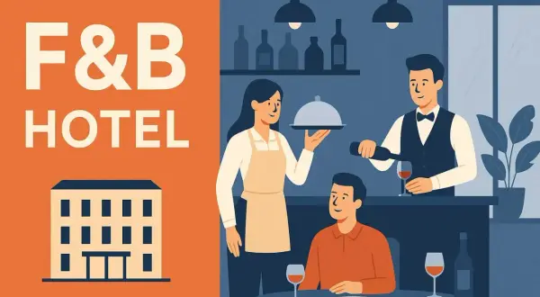 El servicio F&B que es en un hotel: camarera sirve plato, camarero sirve vino a cliente.