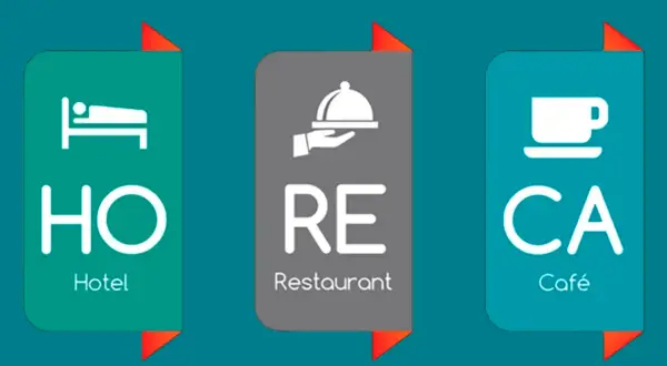 El sector HORECA (Hoteles, Restaurantes, Cafeterías) se representa con iconos: cama, plato servido y taza de café.