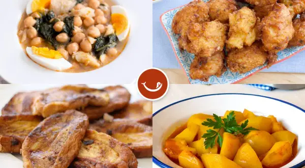Cuatro platos típicos de comida Semana Santa: potaje de vigilia, buñuelos de bacalao, torrijas y patatas guisadas.