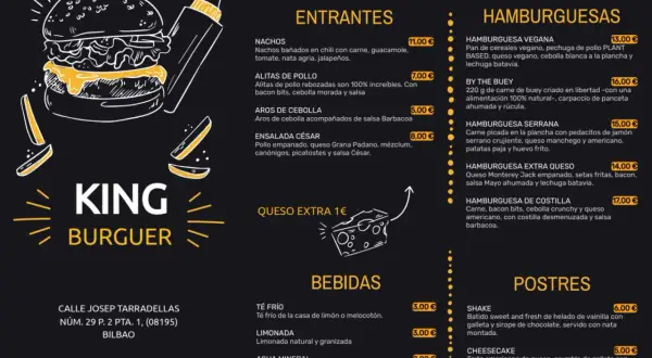 Menú de un restaurante King Burguer con entrantes, hamburguesas, bebidas y postres.