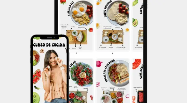Mujer sonriente muestra huevos, rodeada de imágenes de recetas saludables. ¡Descubre cursos de cocina saludable y aprende a preparar platos deliciosos!