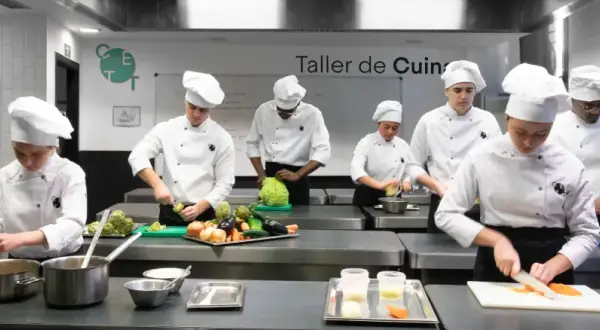Estudiantes de un grado en ciencias gastronómicas practican cortes de verduras en un taller de cocina.