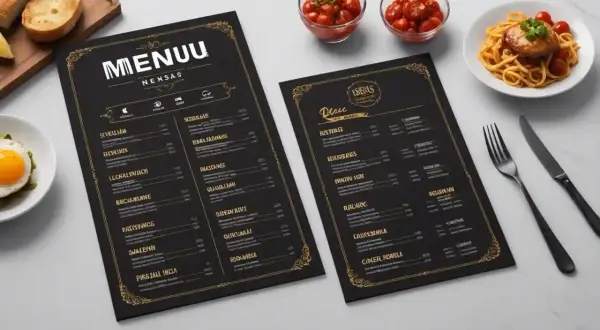 Dos elegantes menús negros con detalles dorados muestran diferentes tipos de menú, junto a un plato de pasta y un huevo frito.