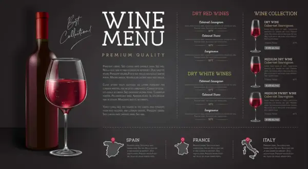 Una carta de vinos moderna con una botella y copa de vino tinto, mostrando variedades y orígenes.