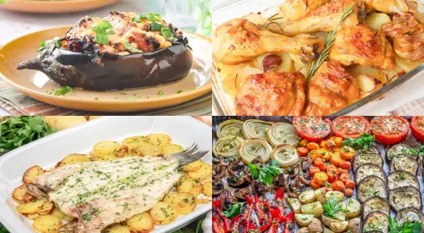Variedad de recetas horno saludables: berenjena rellena, pollo asado con patatas, pescado al horno con patatas y verduras asadas.