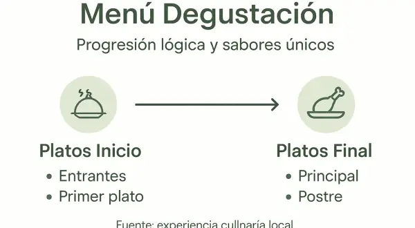 Ilustración de un menú degustación con platos de inicio (entrantes, primer plato) y platos finales (principal, postre), mostrando una progresión lógica.