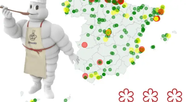 El muñeco Michelin prueba la gastronomía española. El mapa muestra cuántos restaurantes con estrella Michelin hay en España, con puntos verdes, amarillos y rojos.