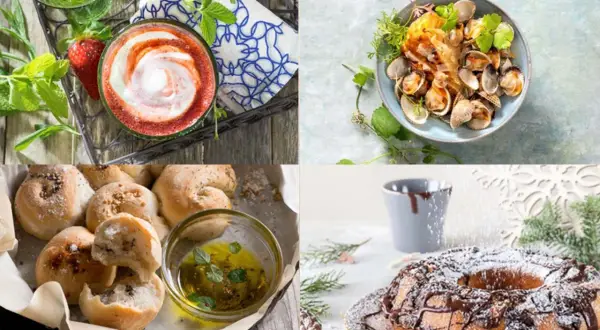 Cuatro imágenes de comida: batido de fresa, almejas, panecillos con aceite y bizcocho de chocolate. ¡Perfecto para aprender a cocinar!