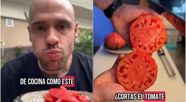 Hombre muestra cómo partir un tomate para una ensalada.