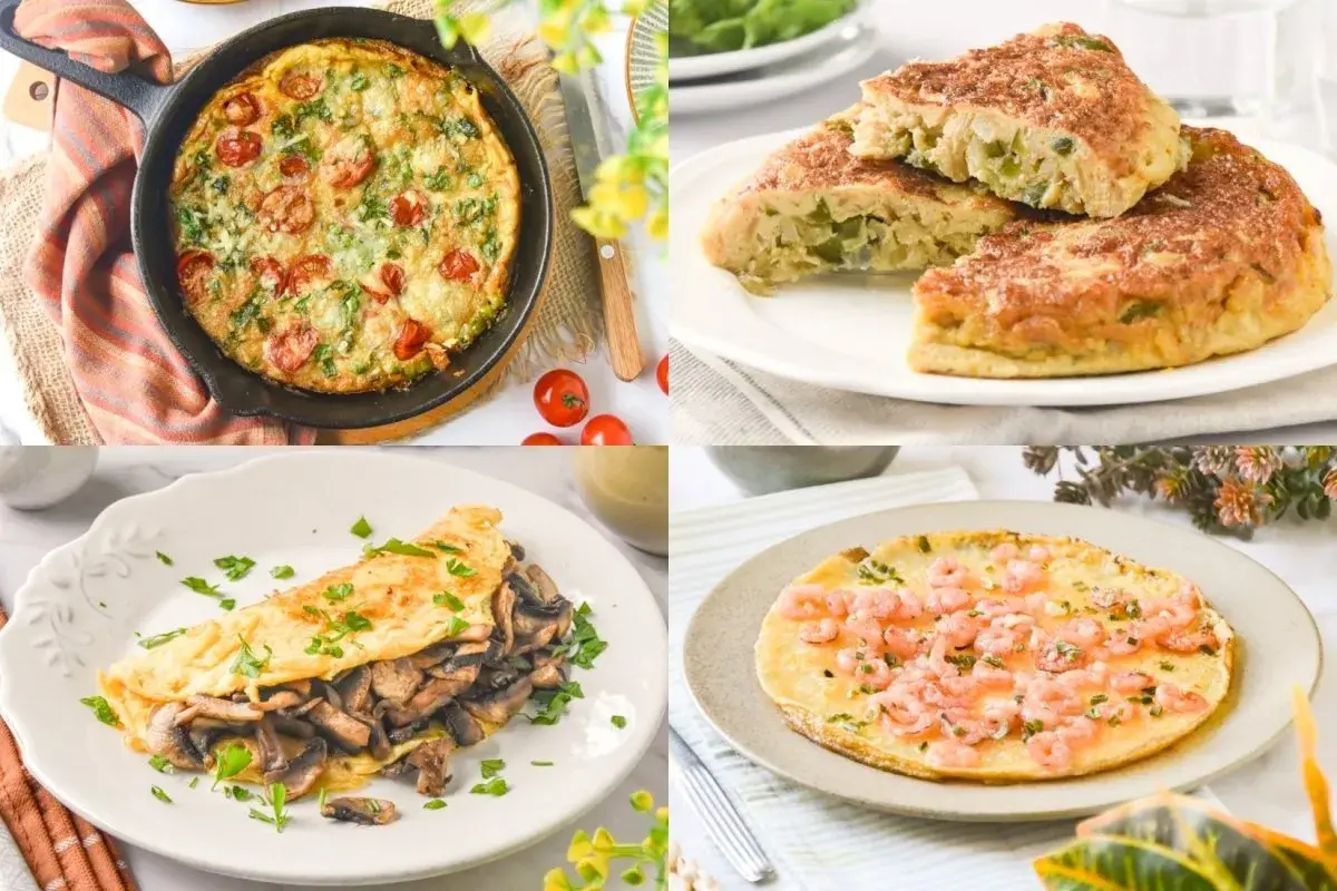 Cuatro tortillas originales para cenar: con tomate y hierbas, de patatas, de champiñones y de gambas.