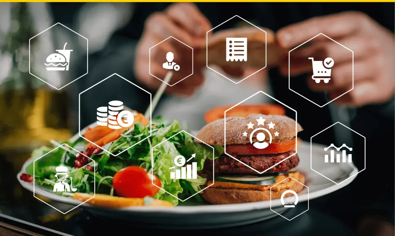 Plato de hamburguesa y ensalada con iconos que representan el **food service**: pedido, pago, cliente, gráfico y más.