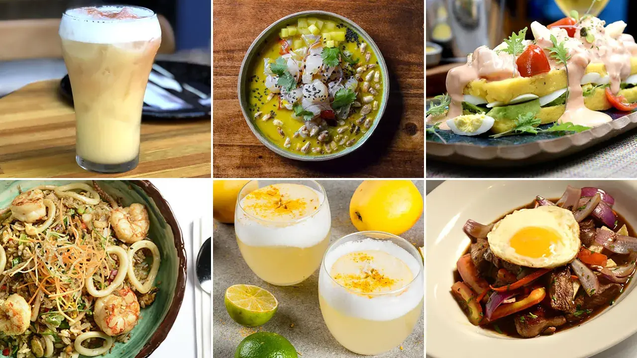 Un festín de la gastronomía de Perú: ceviche, causa, lomo saltado, arroz con mariscos y pisco sour.