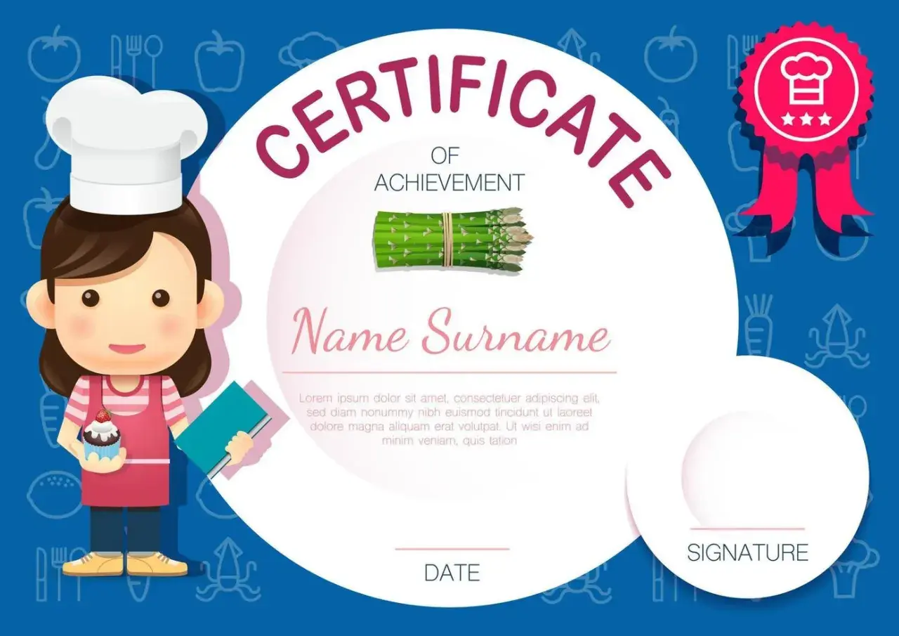 Certificado de cocina para un joven chef, con un cupcake y espárragos. ¡Un logro culinario!