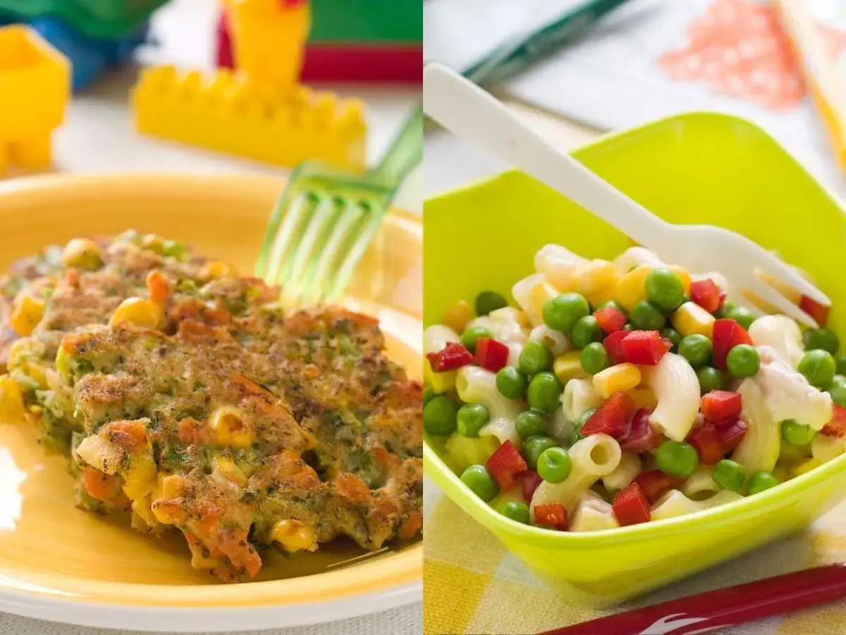 Tortitas de verduras y ensalada de pasta con guisantes y maíz, ideas de recetas con verduras para niños.