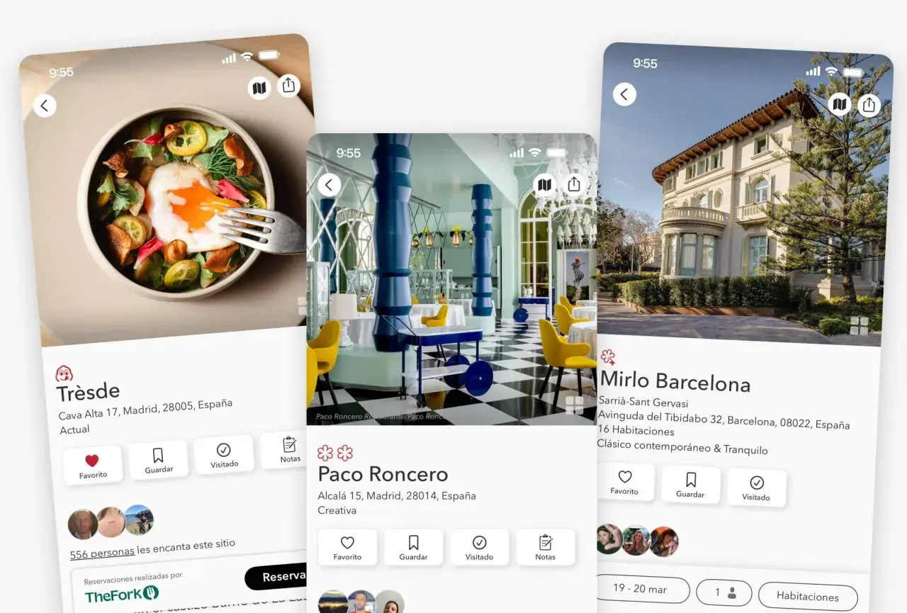 Tresde, un restaurante Bib Gourmand en Madrid, con un plato de huevo y cítricos. También se ven Paco Roncero y Mirlo Barcelona.