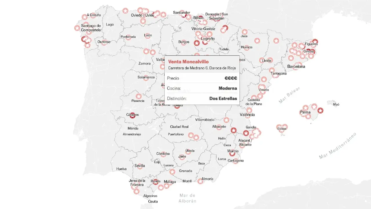 Mapa de España con estrellas Michelin y un cuadro de diálogo de restaurante.