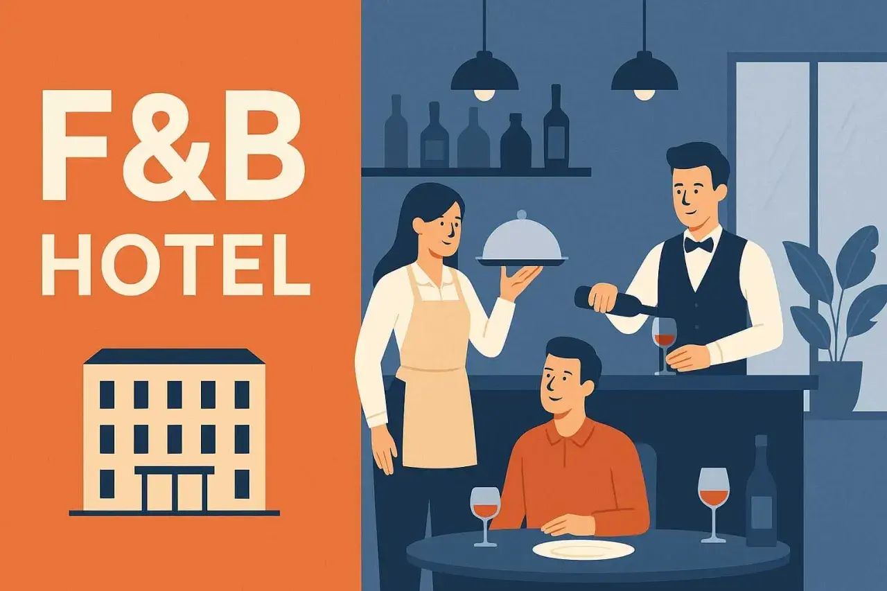 El servicio F&B que es en un hotel: camarera sirve plato, camarero sirve vino a cliente.