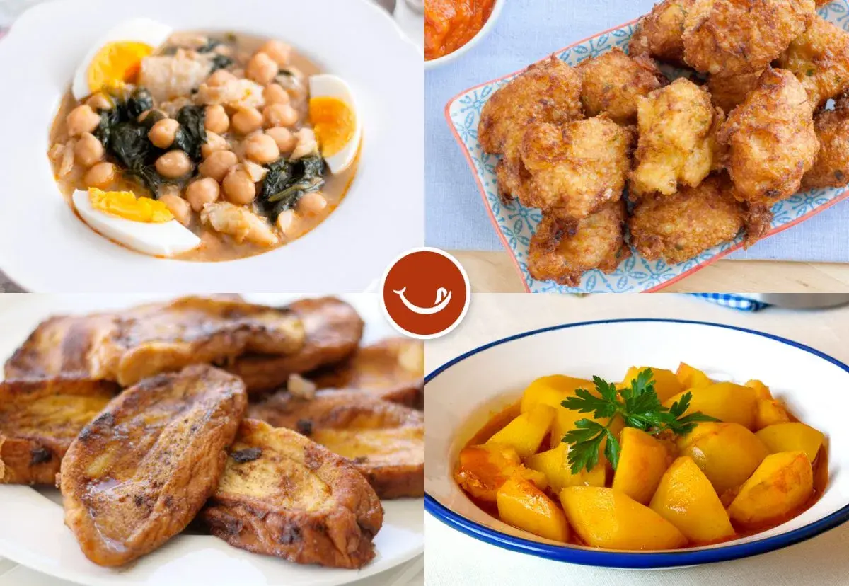 Cuatro platos típicos de comida Semana Santa: potaje de vigilia, buñuelos de bacalao, torrijas y patatas guisadas.
