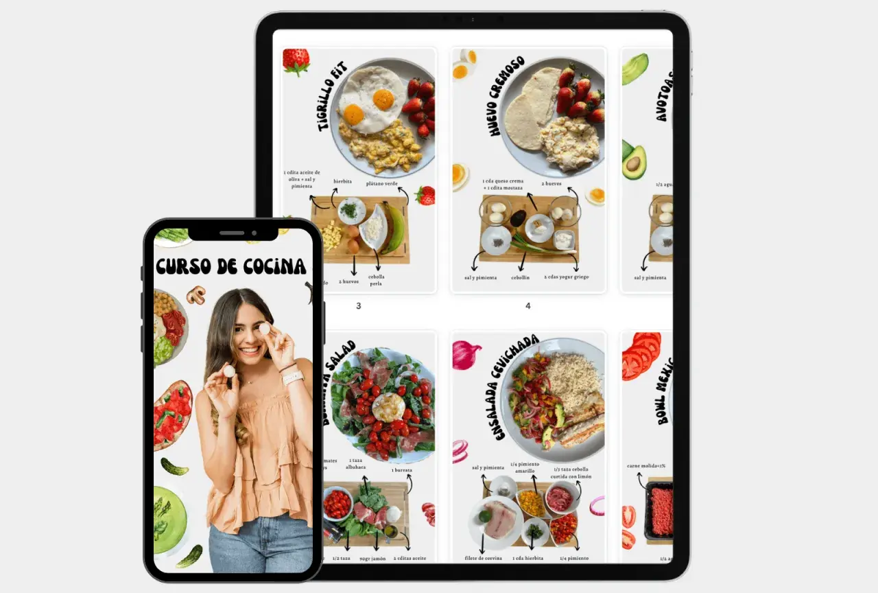Mujer sonriente muestra huevos, rodeada de imágenes de recetas saludables. ¡Descubre cursos de cocina saludable y aprende a preparar platos deliciosos!