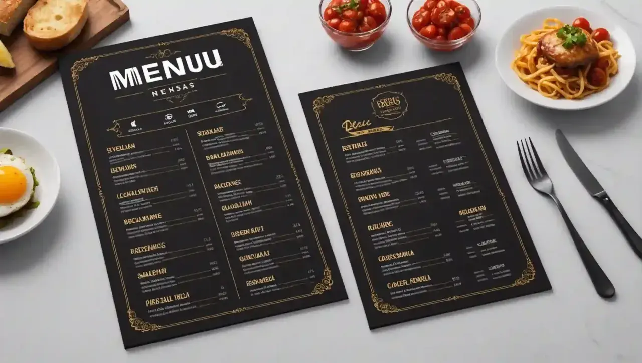 Dos elegantes menús negros con detalles dorados muestran diferentes tipos de menú, junto a un plato de pasta y un huevo frito.