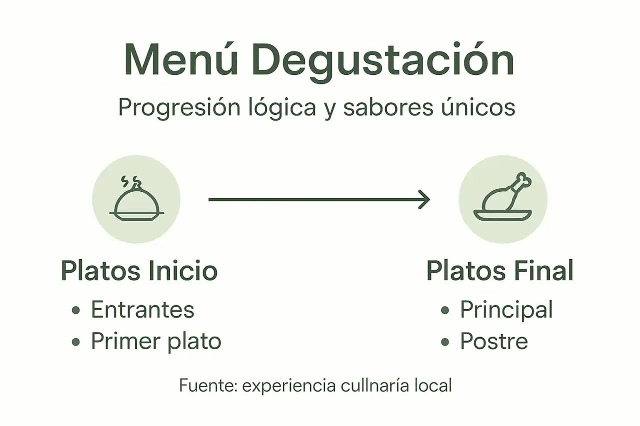 Ilustración de un menú degustación con platos de inicio (entrantes, primer plato) y platos finales (principal, postre), mostrando una progresión lógica.