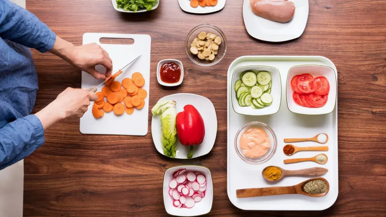Mise en place restaurante: zanahorias cortadas, lechuga, pimiento rojo, pepino, tomate, pollo y condimentos listos para cocinar.