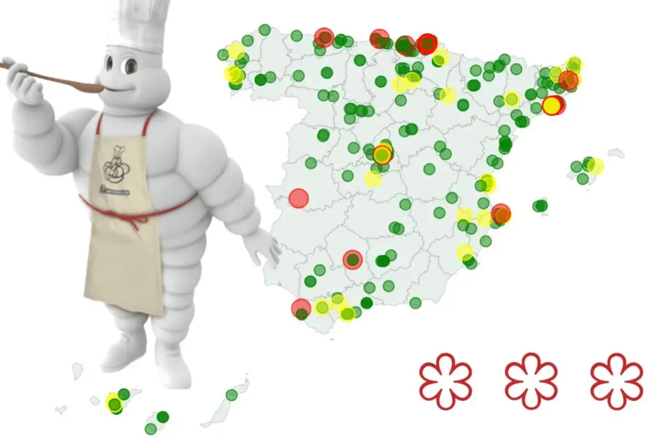 El muñeco Michelin prueba la gastronomía española. El mapa muestra cuántos restaurantes con estrella Michelin hay en España, con puntos verdes, amarillos y rojos.