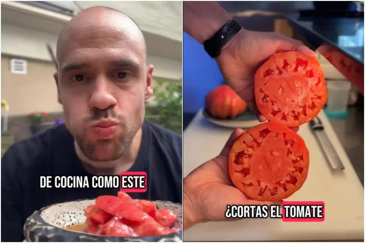Hombre muestra cómo partir un tomate para una ensalada.