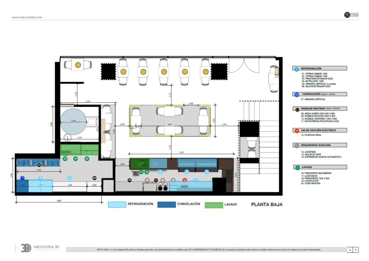 Plano de planta baja de un restaurante, mostrando las áreas de refrigeración, congelación, lavado y mobiliario. Se detallan las partes de un restaurante, incluyendo vitrinas, mostradores y mesas.
