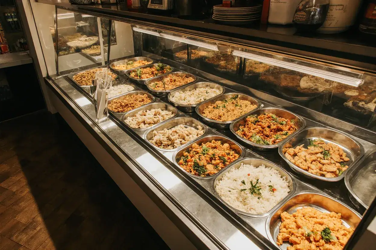 Variedad de platos calientes en un negocio de comida para llevar. Arroz blanco, pollo y guisos listos para servir.