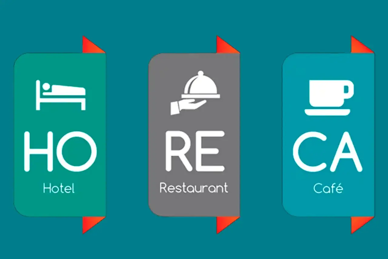El sector HORECA (Hotel, Restaurante, Café) se representa con iconos: cama, plato servido y taza.