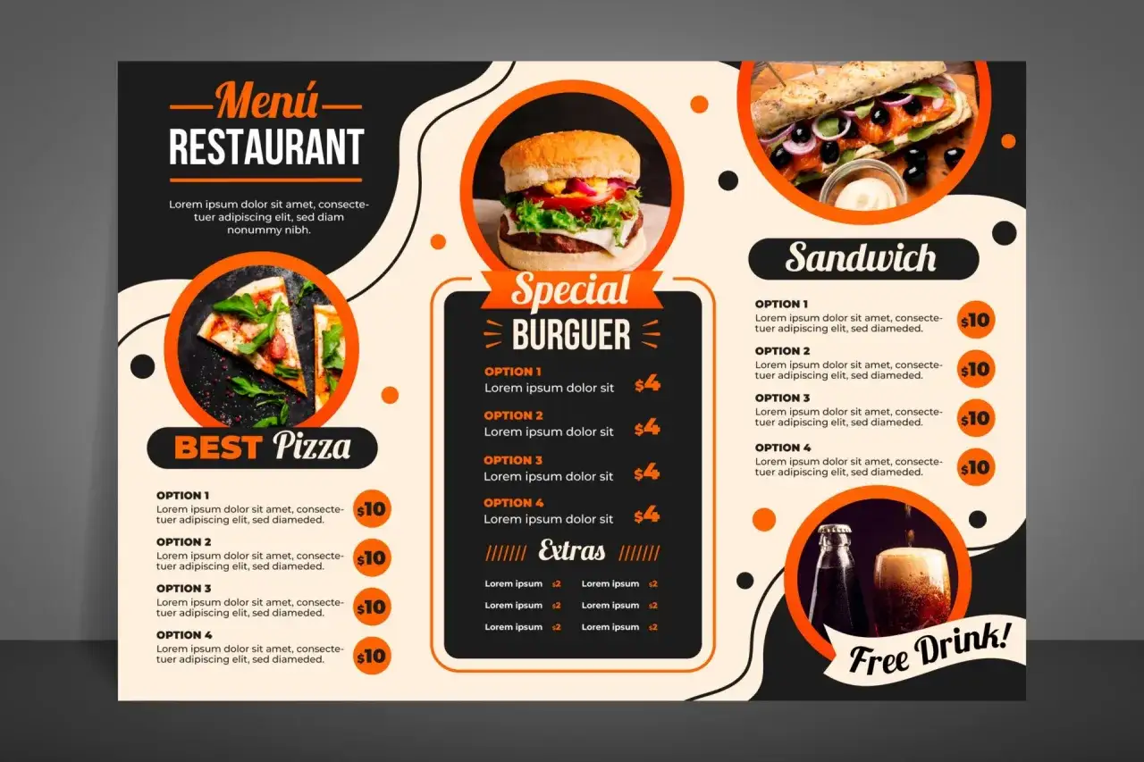 Men&uacute; de restaurante con im&aacute;genes de hamburguesa, pizza y s&aacute;ndwich. Destaca 