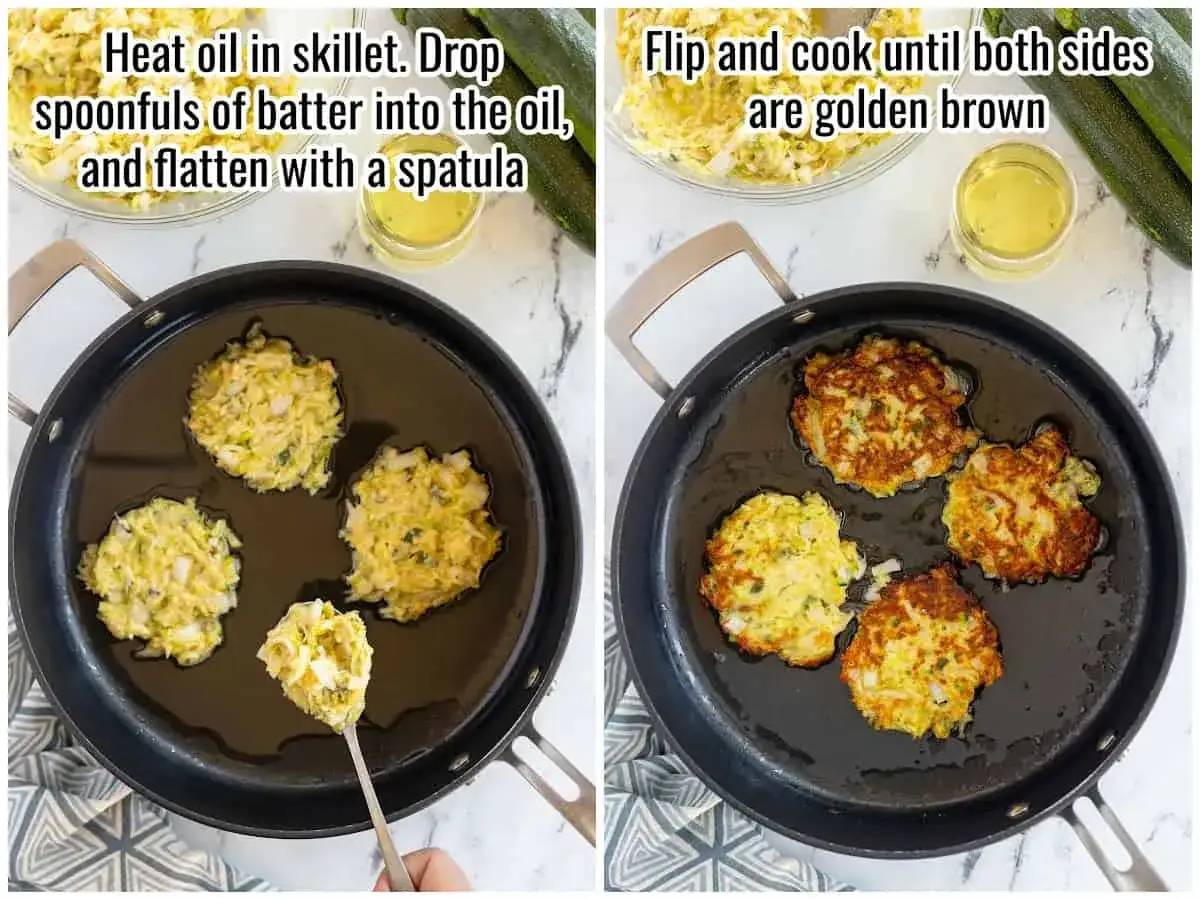 Tortitas de calabacín dorándose en sartén con aceite caliente. Se ve la masa lista para freír y los calabacines frescos.