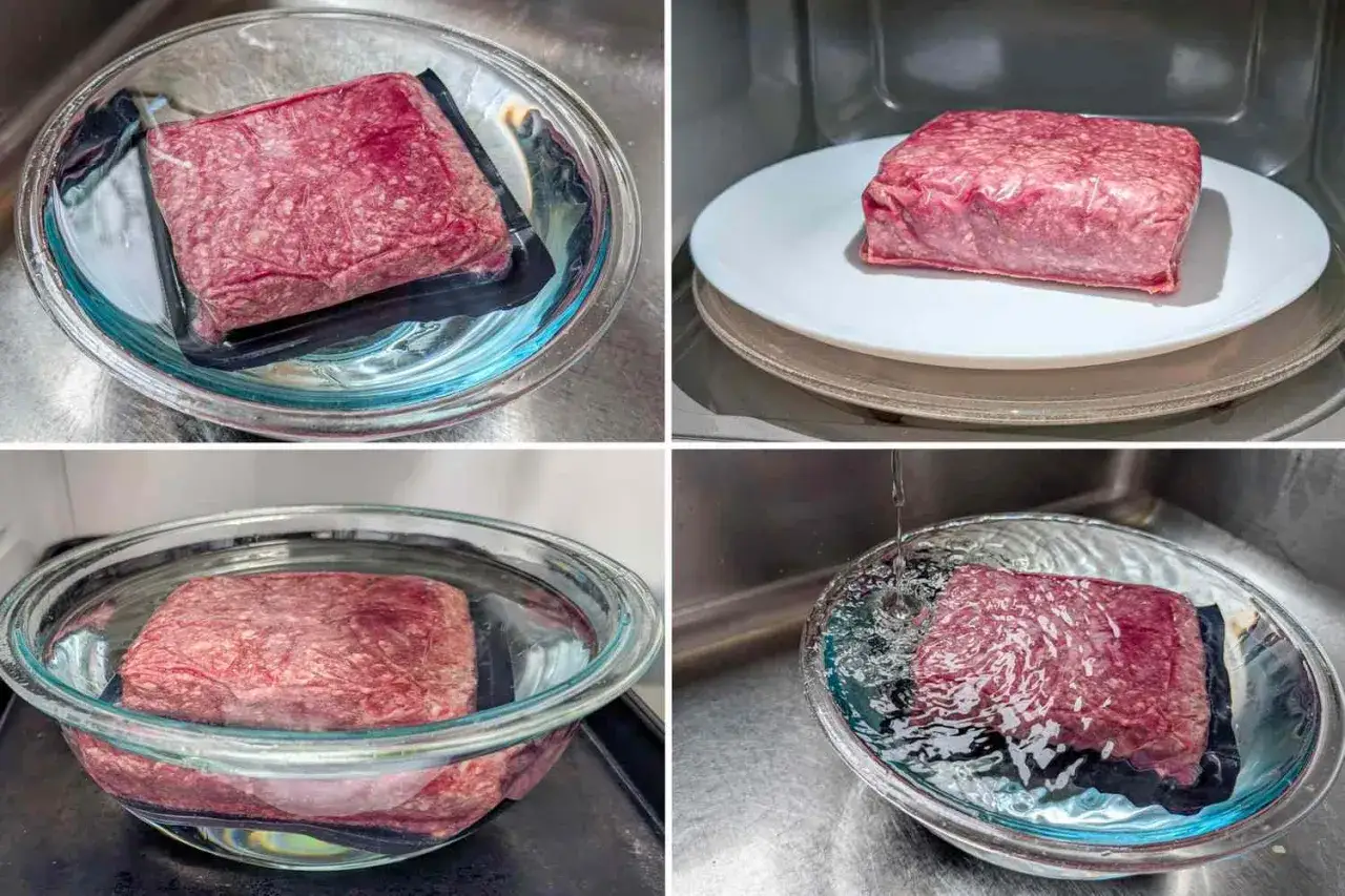 Cuanto tarda en descongelarse una hamburguesa: carne picada en un bol con agua, en microondas y bajo chorro de agua.