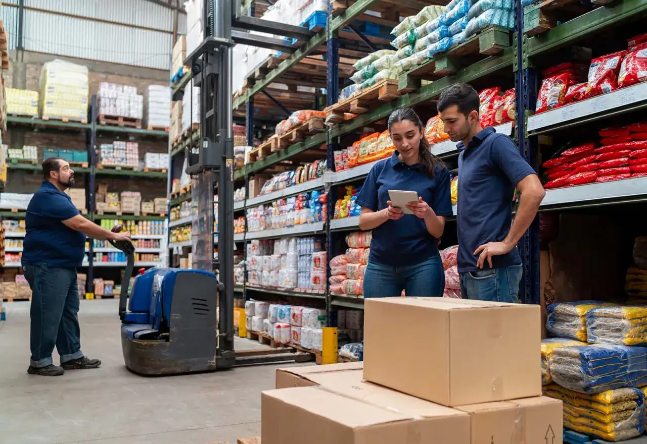 Trabajadores en un almac&eacute;n, uno maneja una carretilla elevadora y otros revisan una tablet. As&iacute; funciona el modelo cash and carry que es.