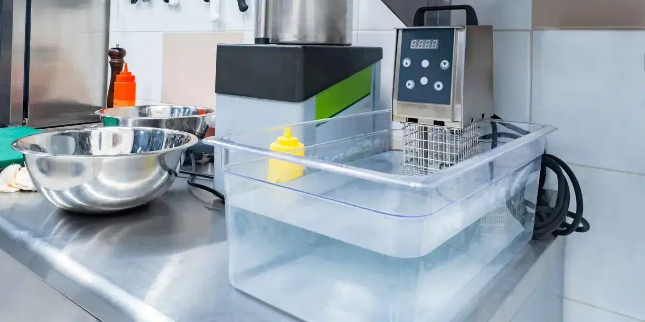 Equipo de cocina al vacío en acción, con recipientes de acero inoxidable y un dispensador de mostaza.