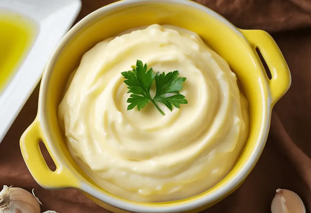 Alioli cremoso en un cuenco amarillo, decorado con perejil. &iexcl;Se puede congelar el alioli para conservarlo!