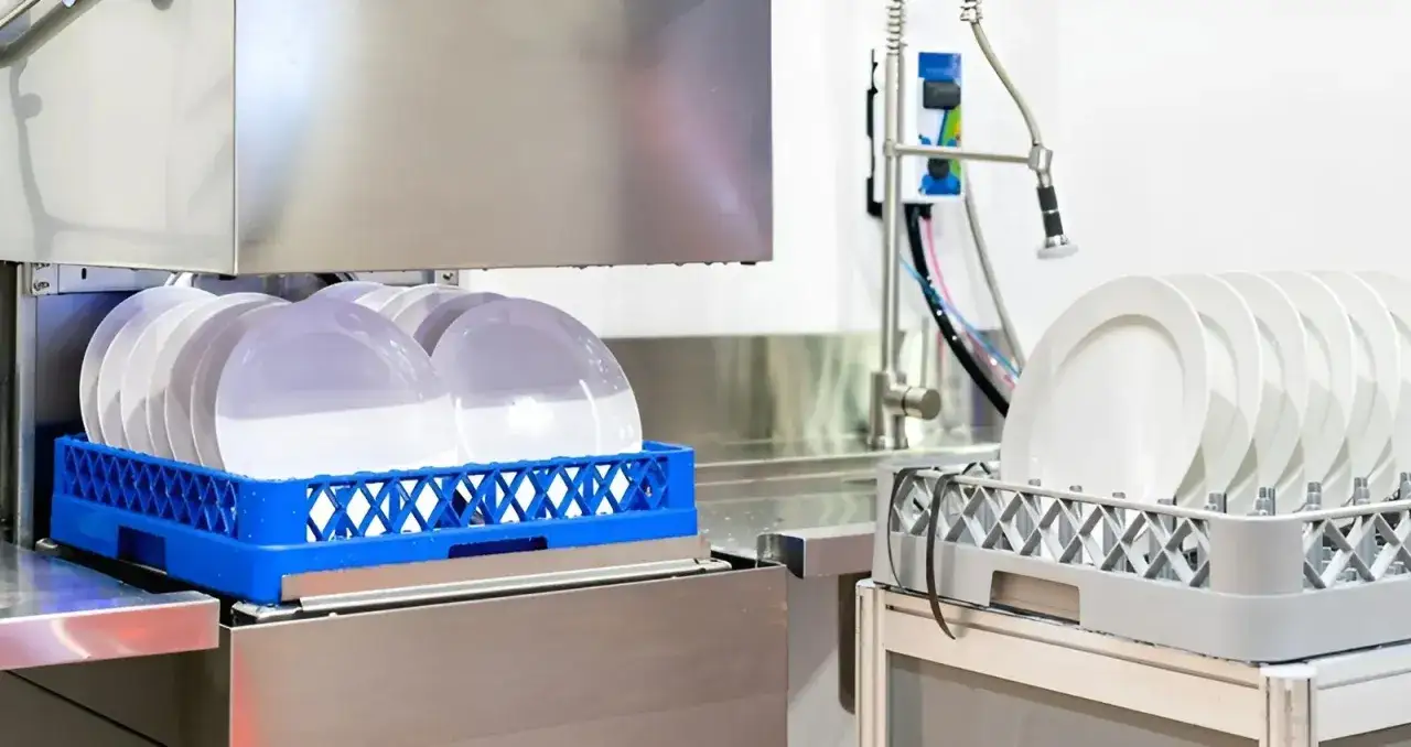 Platos apilados en cestas listas para lavar en un lavavajillas industrial. Un detalle que ayuda a calcular cuanto gasta un restaurante en agua al mes.